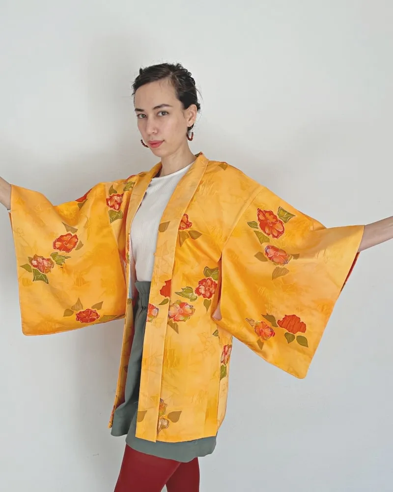 Bright Orange Floral Haori Kimono Jacket