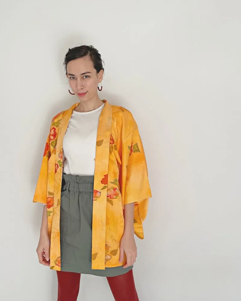 Bright Orange Floral Haori Kimono Jacket