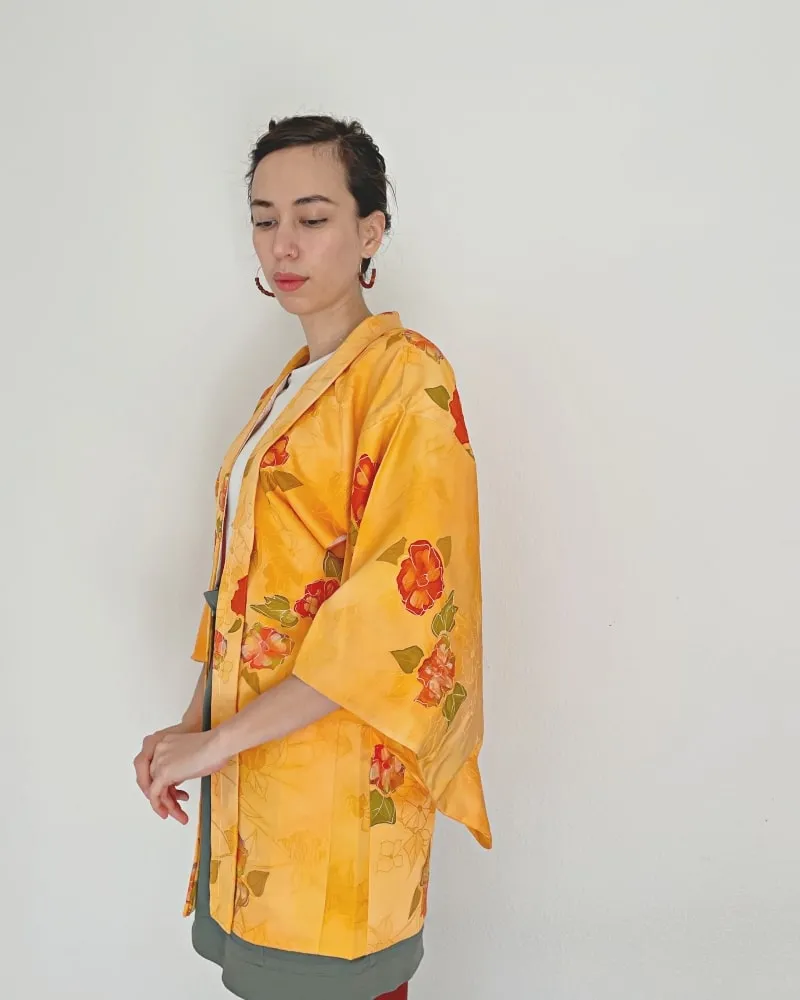 Bright Orange Floral Haori Kimono Jacket