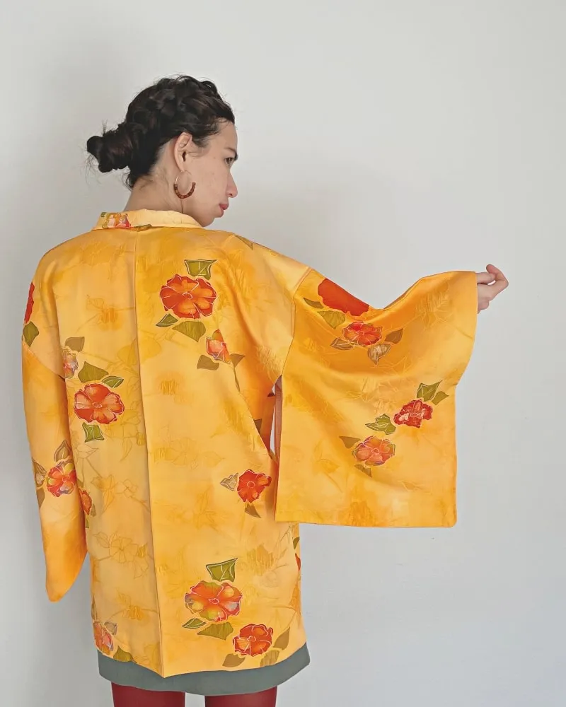 Bright Orange Floral Haori Kimono Jacket