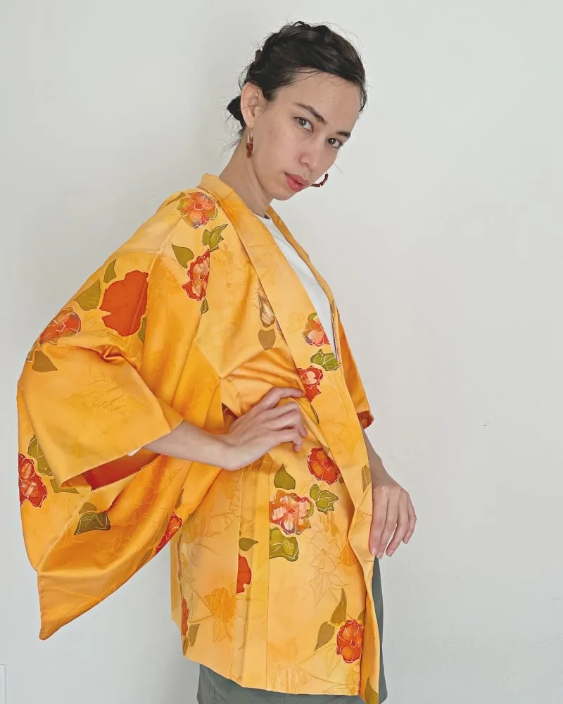 Bright Orange Floral Haori Kimono Jacket