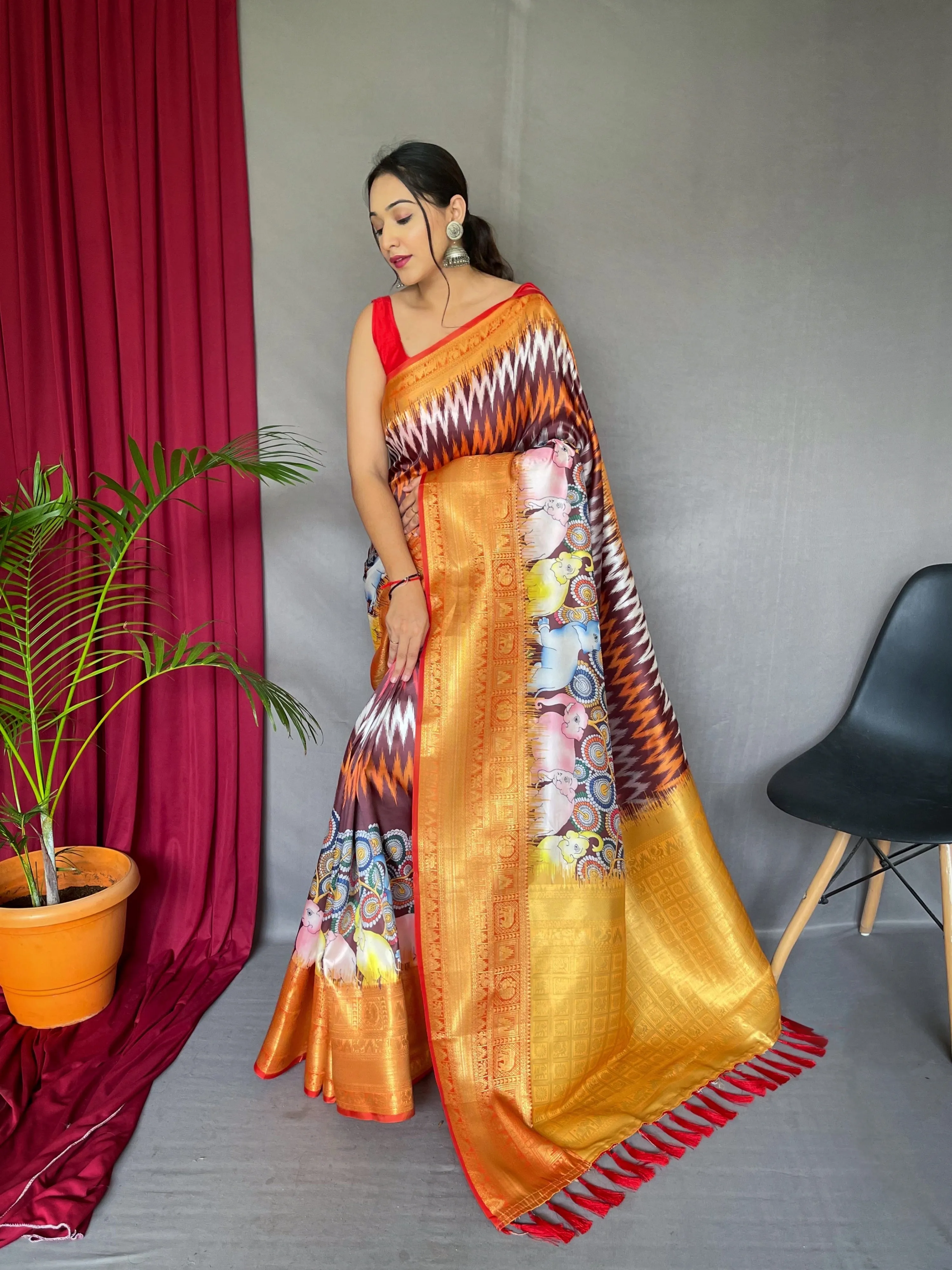 Brown Saree in Kalamkari Print