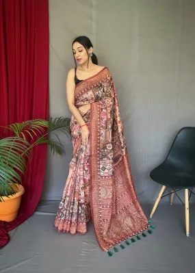 Brown Saree in Silk Cotton Print