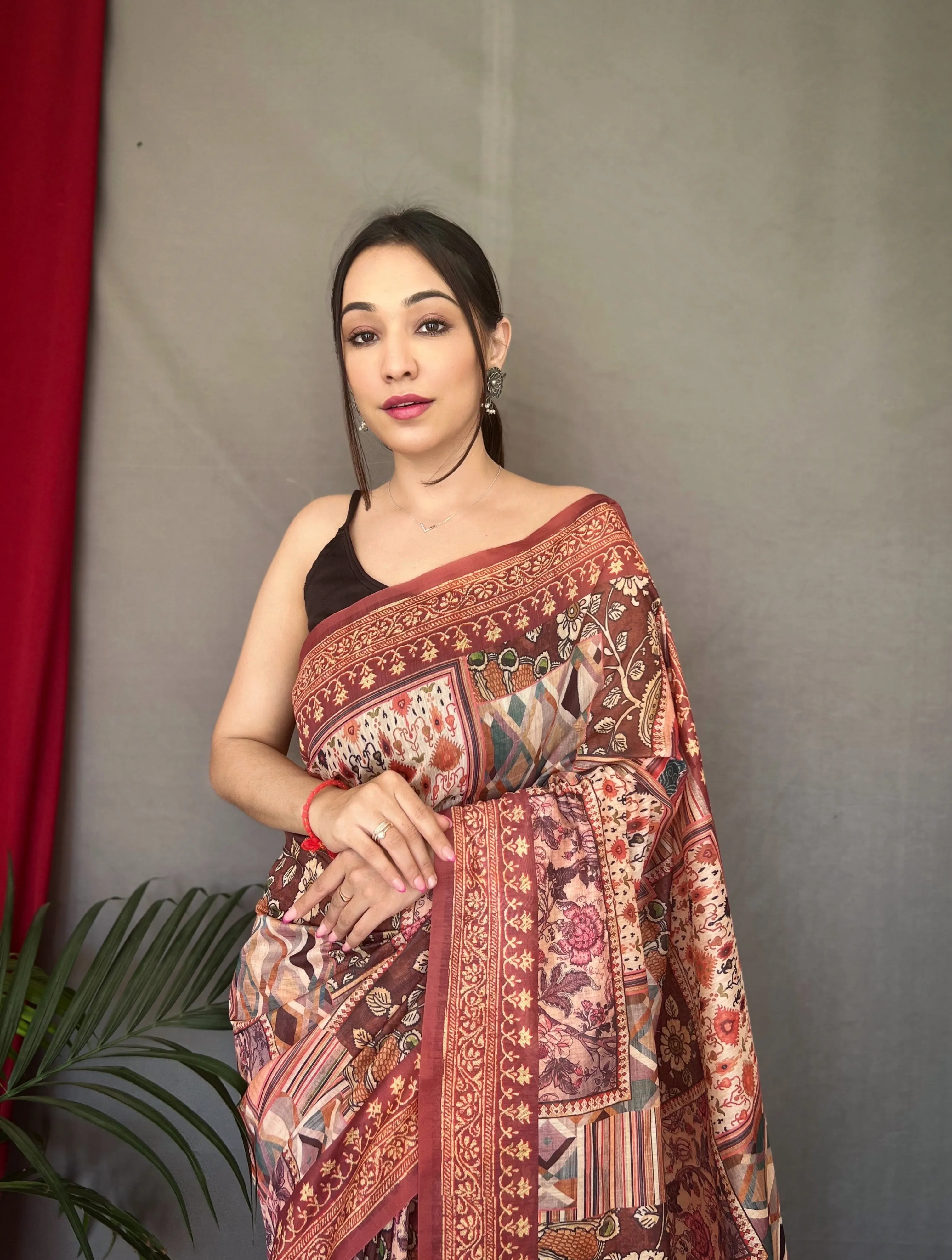 Brown Saree in Silk Cotton Print