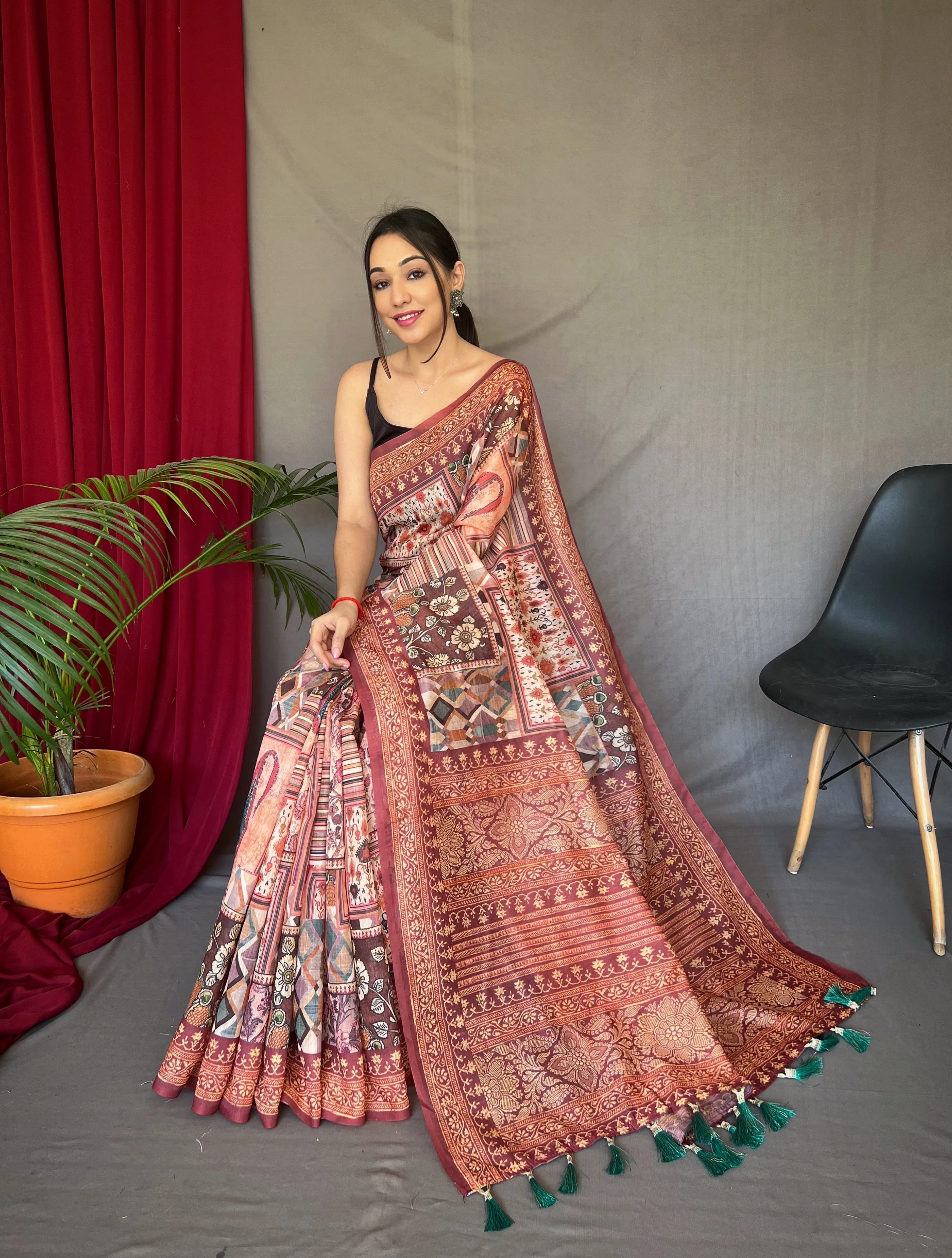 Brown Saree in Silk Cotton Print