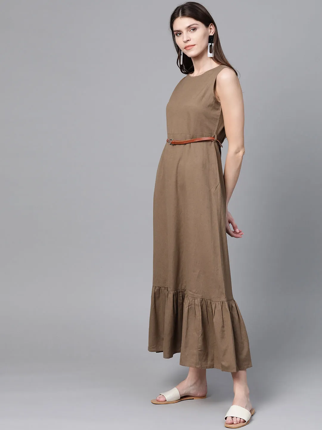 Brown Sleeveless Frill Hem Belted Midi