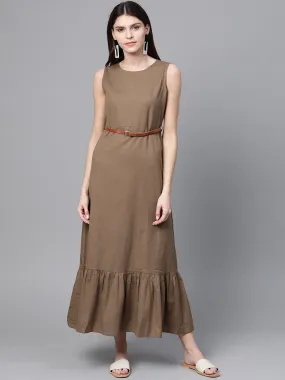 Brown Sleeveless Frill Hem Belted Midi