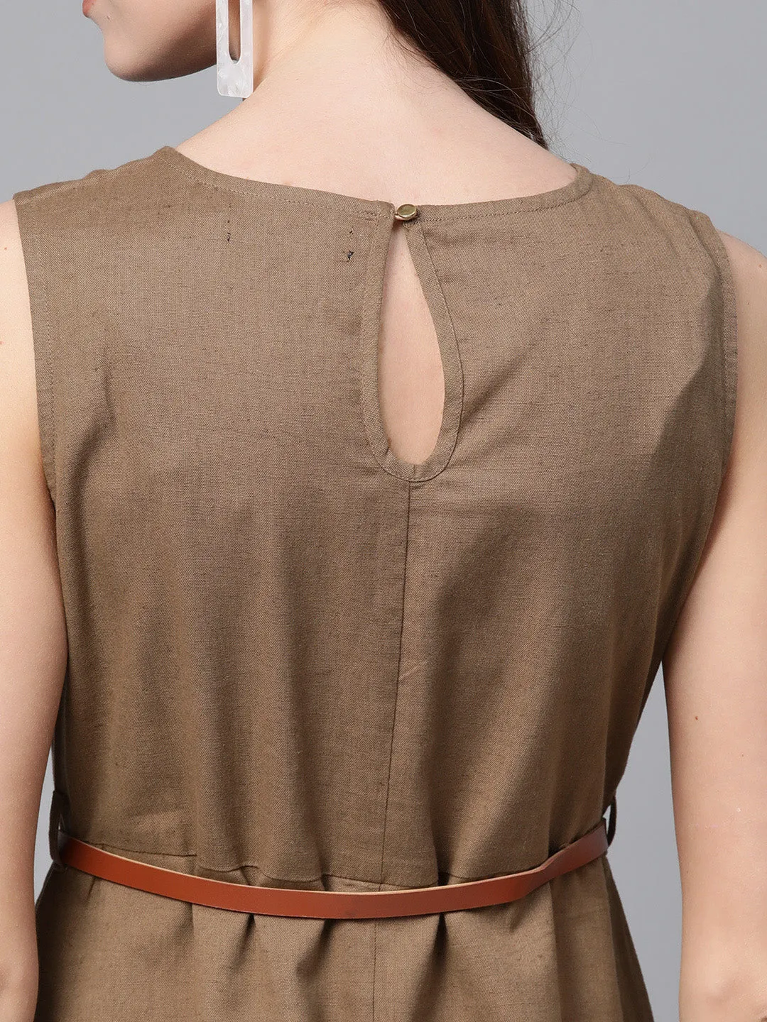 Brown Sleeveless Frill Hem Belted Midi