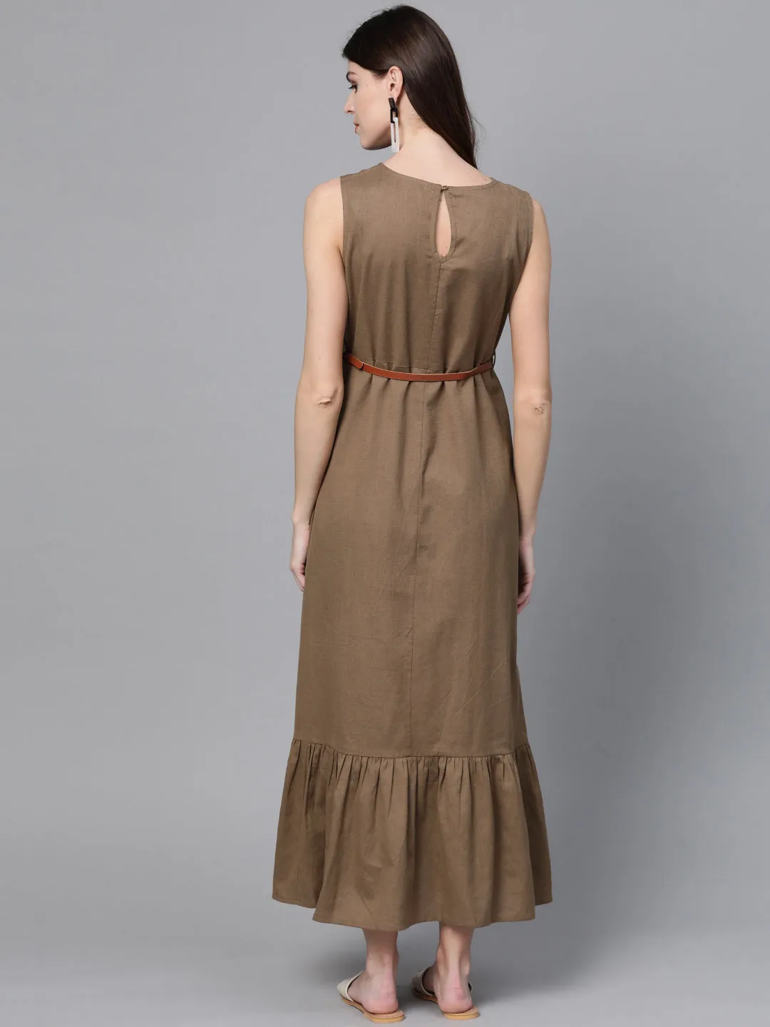 Brown Sleeveless Frill Hem Belted Midi