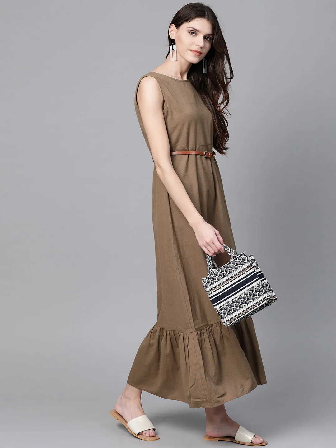 Brown Sleeveless Frill Hem Belted Midi