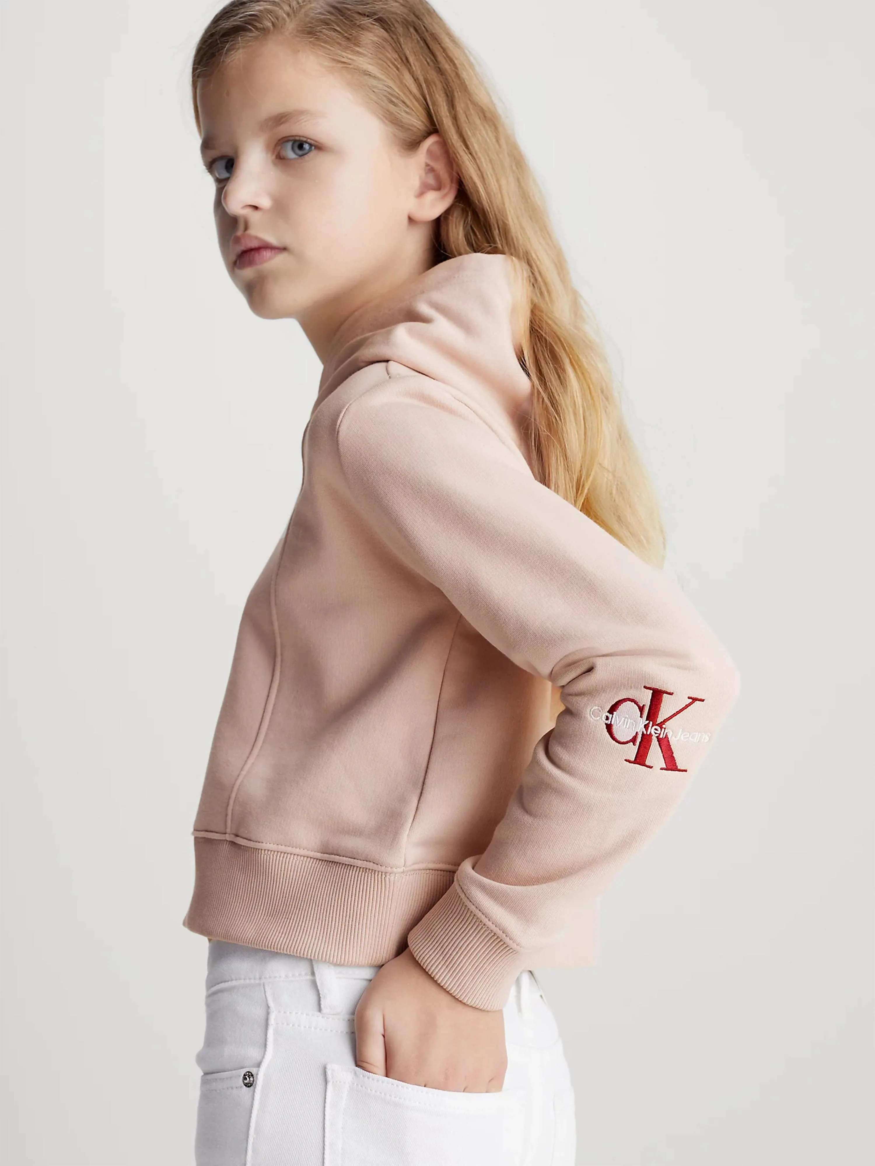 Calvin Klein Girls Monogram Off Placed Hoodie in Pink