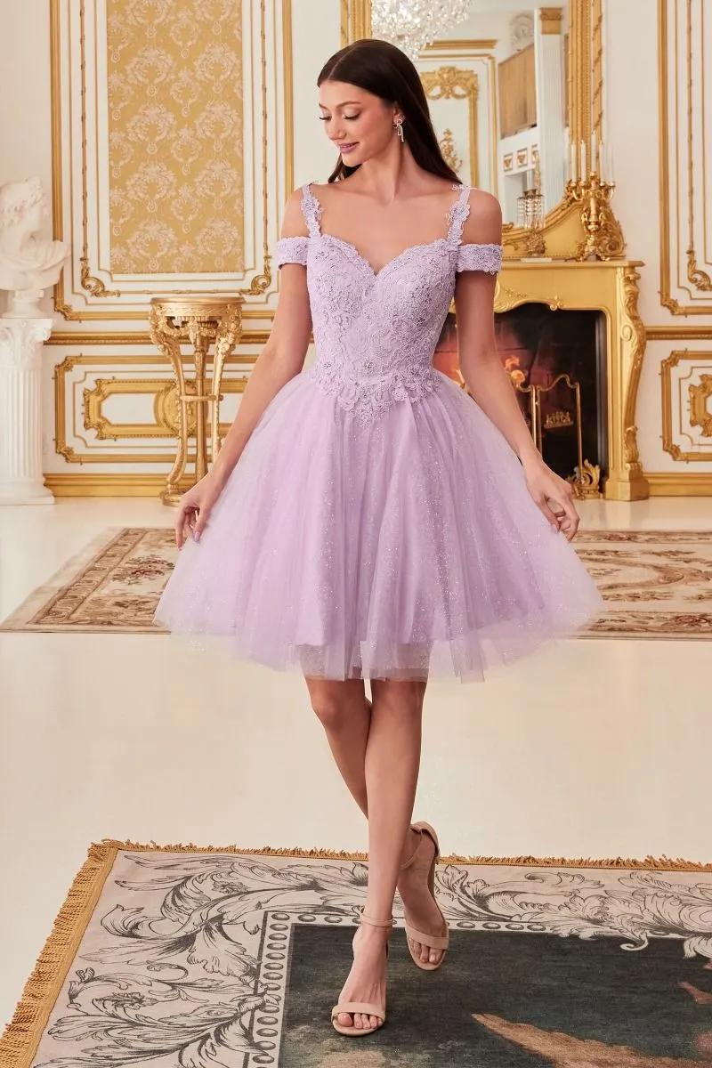 CD CD0132 - Short Off the Shoulder A-Line Homecoming Dress with Lace Detail Glitter Tulle Skirt & Lace Up Corset Back