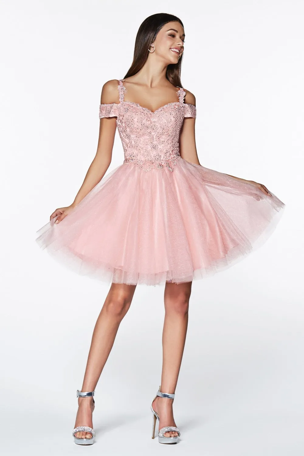 CD CD0132 - Short Off the Shoulder A-Line Homecoming Dress with Lace Detail Glitter Tulle Skirt & Lace Up Corset Back