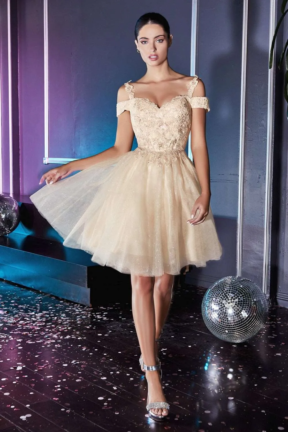 CD CD0132 - Short Off the Shoulder A-Line Homecoming Dress with Lace Detail Glitter Tulle Skirt & Lace Up Corset Back