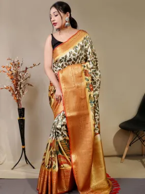 Cloud White Saree in Floral Kalamkari Print