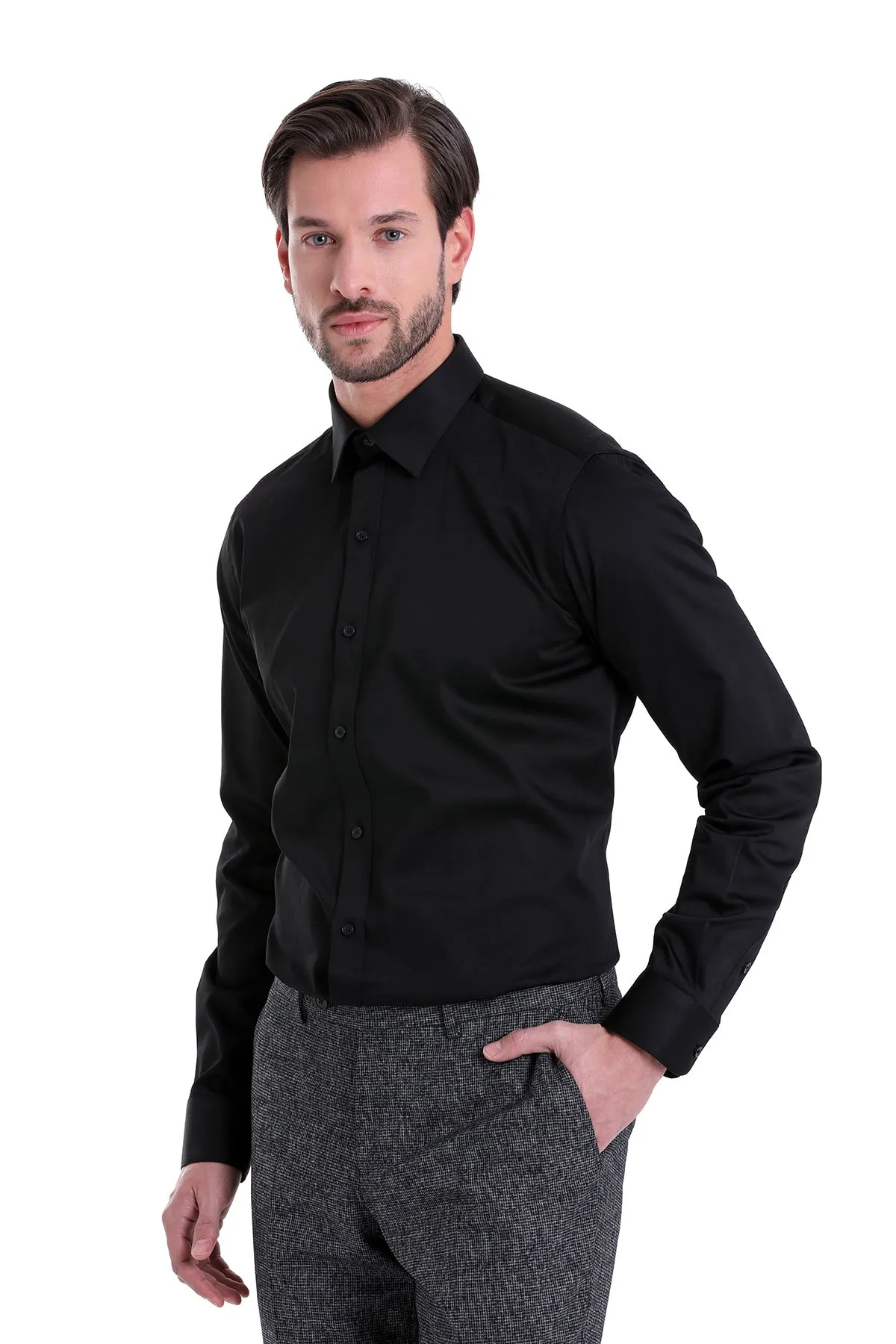 Comfort Fit Straight-Point Collar Cotton Black Dress Shirt