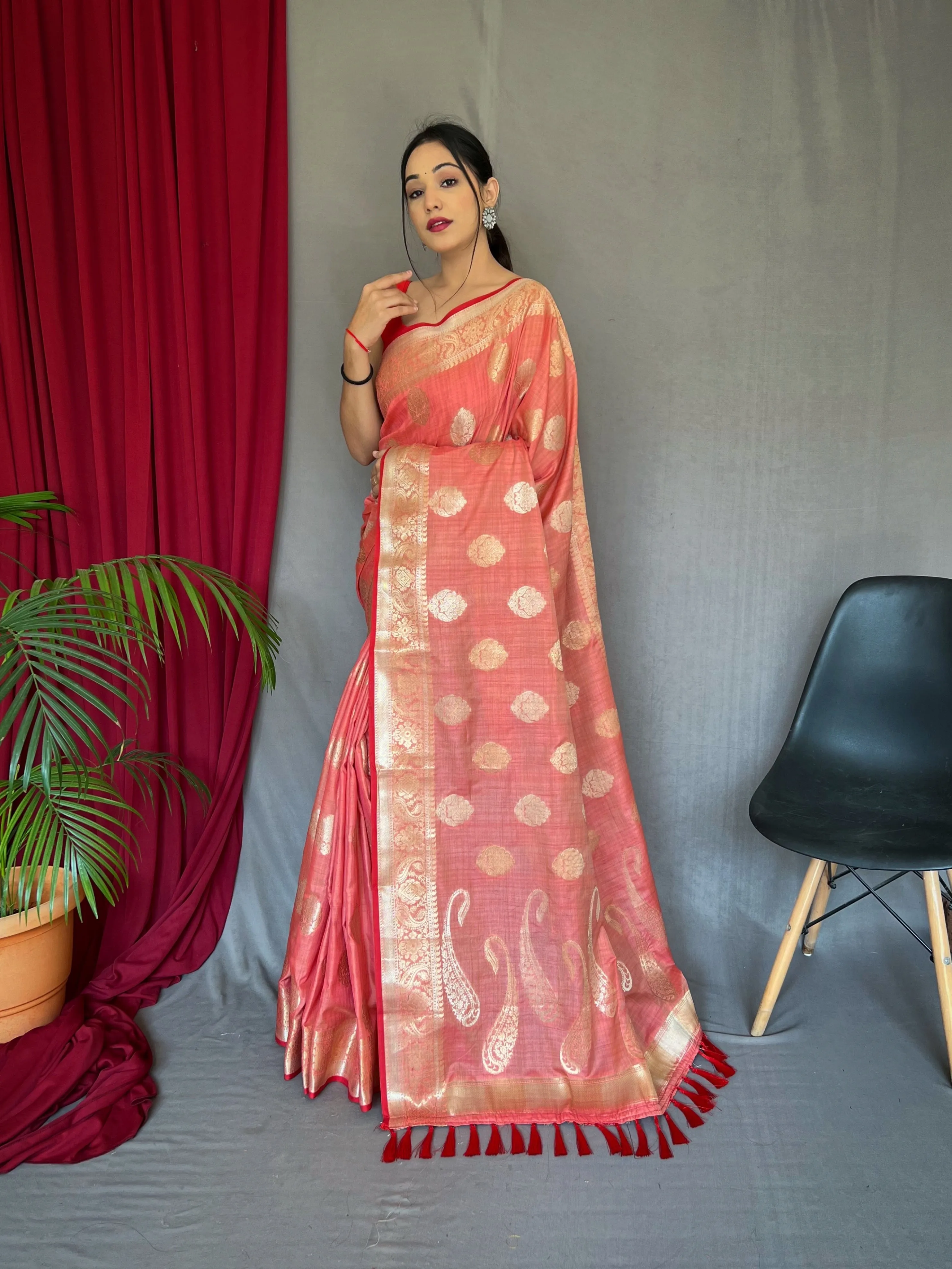 Coral Pink Saree in Cotton Silk