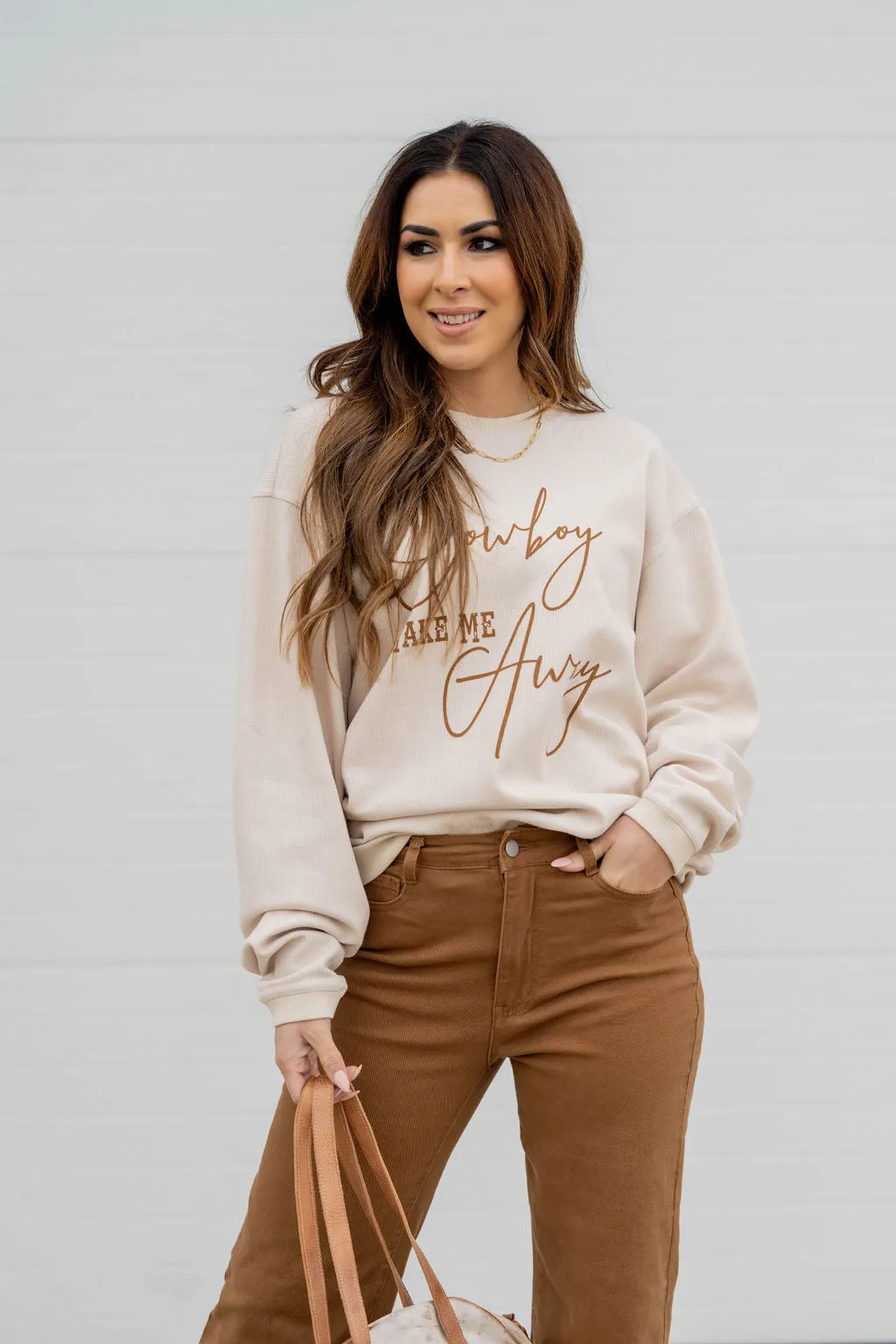 Cowboy Take Me Away Lightly Ribbed Graphic Crewneck