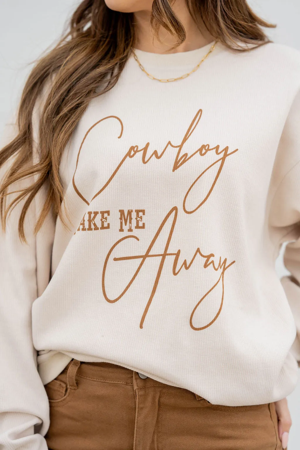 Cowboy Take Me Away Lightly Ribbed Graphic Crewneck