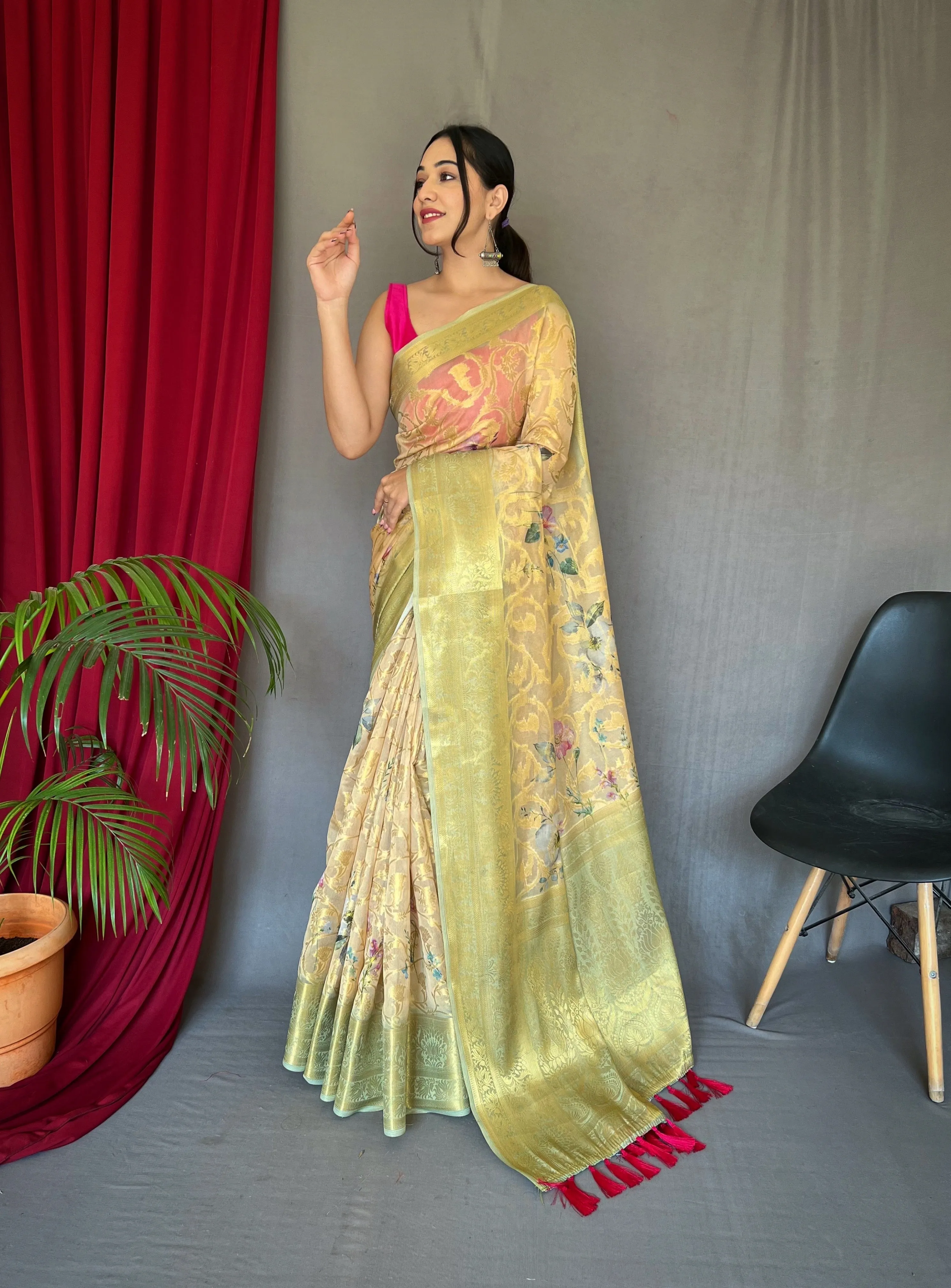 Cream Pista Saree in Kora Muslin Silk Floral Print