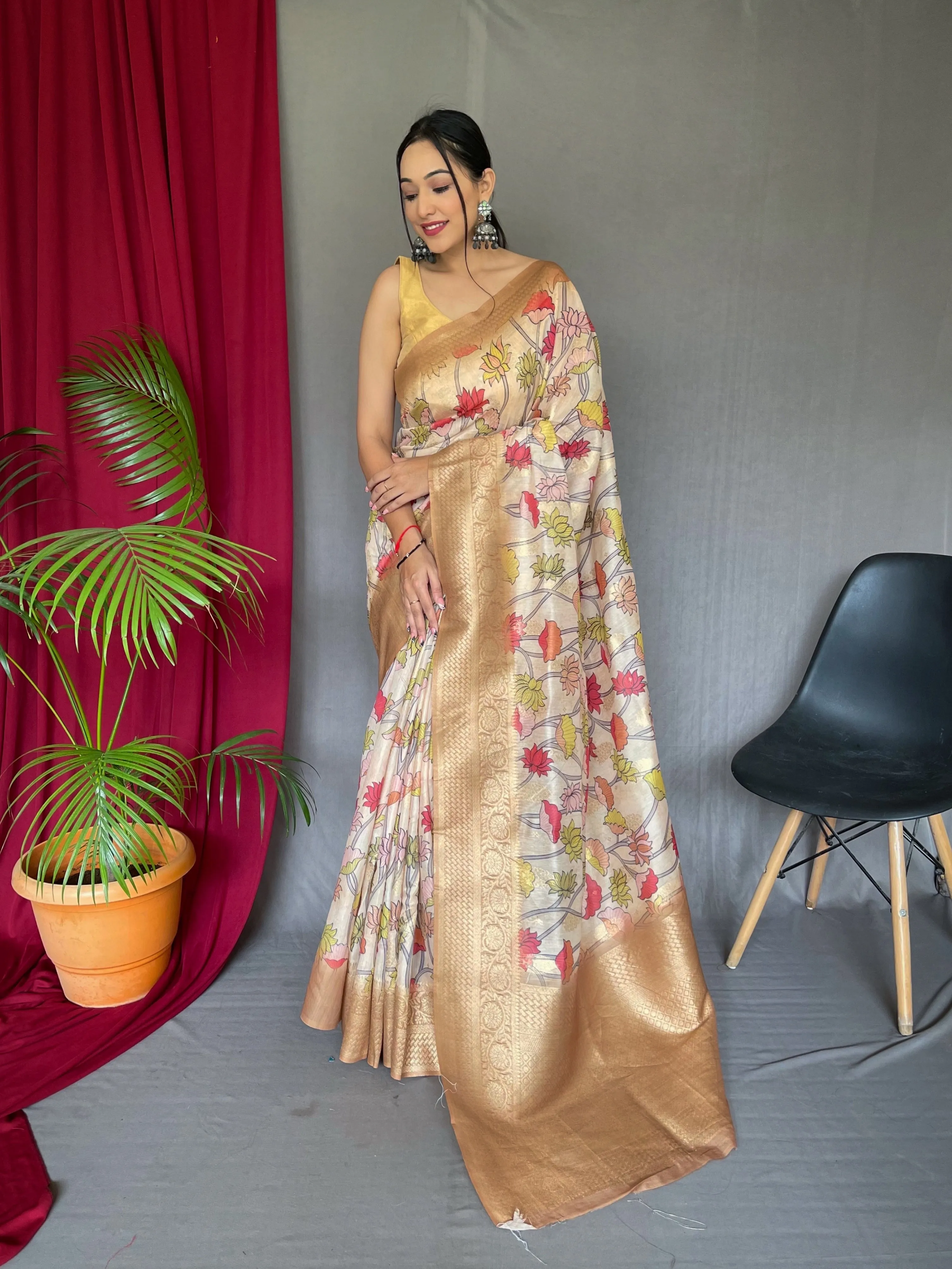 Cream Saree in Banarasi Silk with Kalamkari Prints