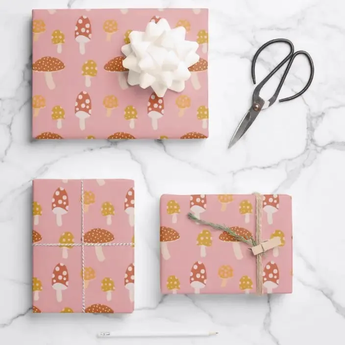 CUTE MUSHROOM PINK WRAPPING PAPER SHEETS