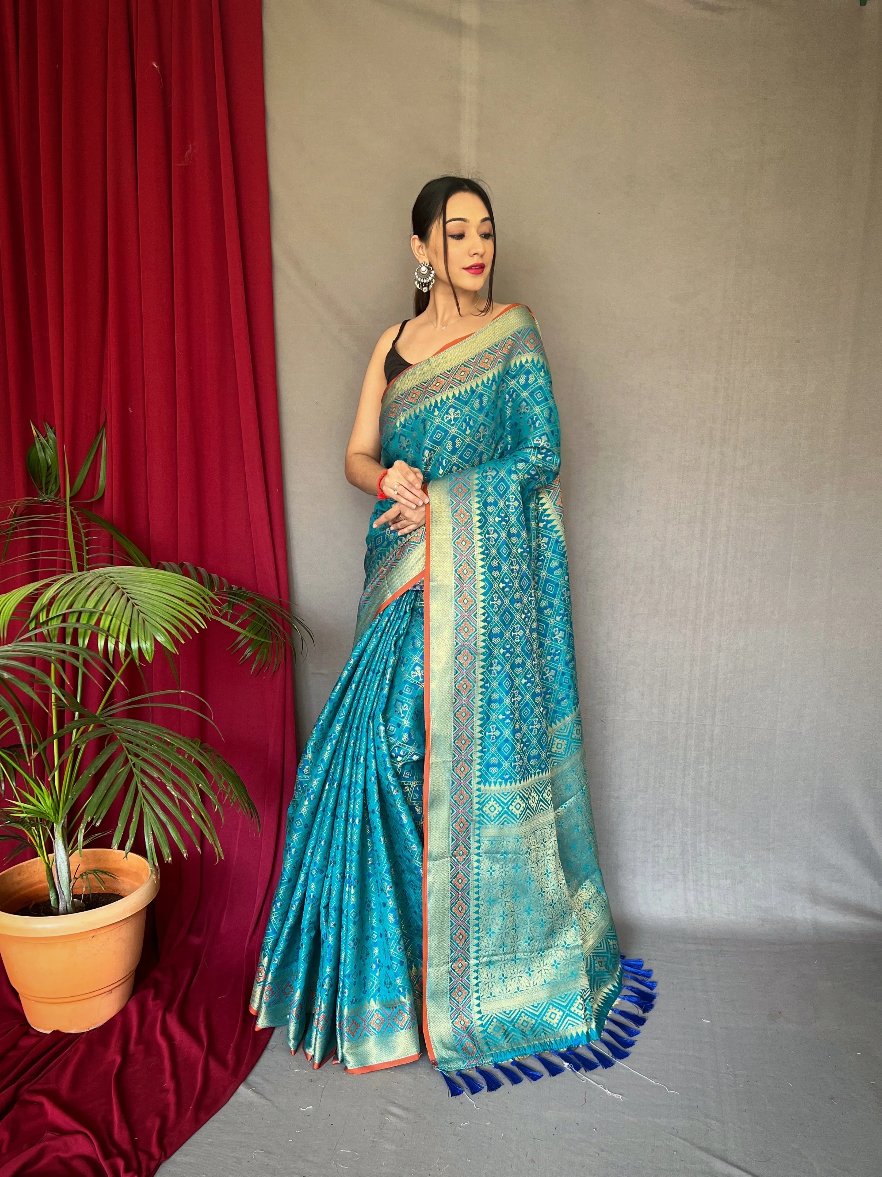 Cyan Blue Saree in Rajkoti Patola Silk for women