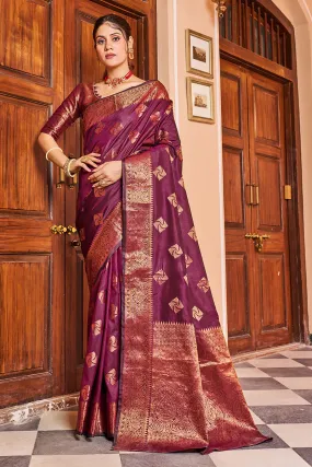 Cynosure Purple Soft Banarasi Silk Saree With Brood Blouse Piece