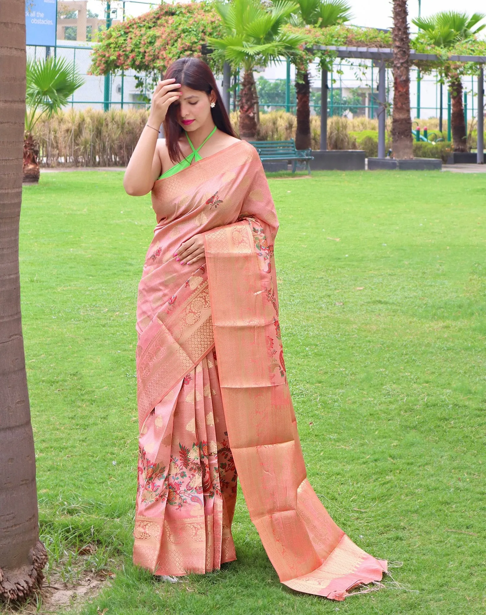 Daisy Pink Saree in Banarasi Silk with Floral Prints