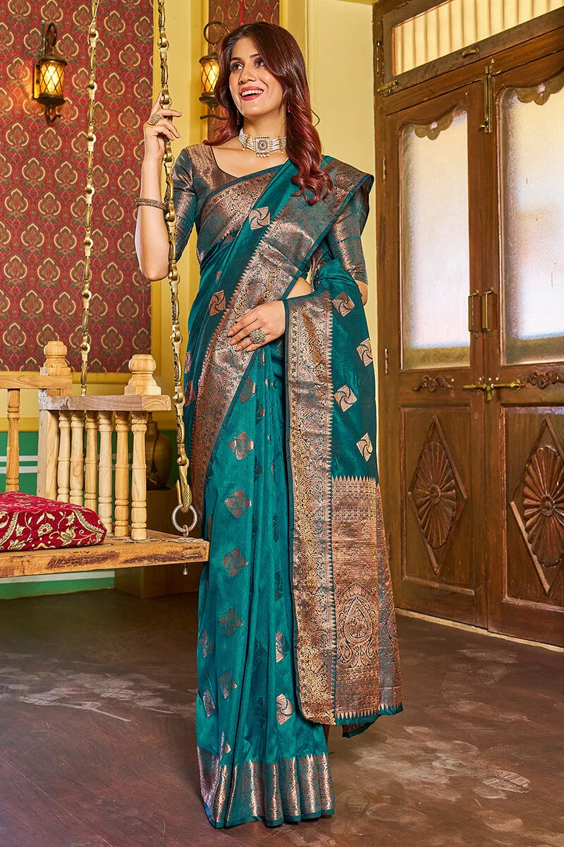 Dalliance Rama Soft Banarasi Silk Saree With Ebullience Blouse Piece