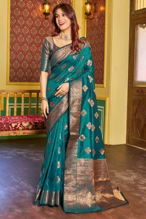 Dalliance Rama Soft Banarasi Silk Saree With Ebullience Blouse Piece