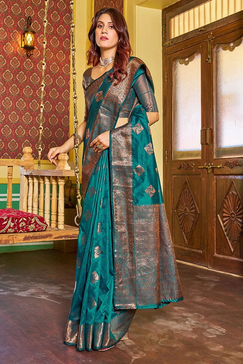 Dalliance Rama Soft Banarasi Silk Saree With Ebullience Blouse Piece