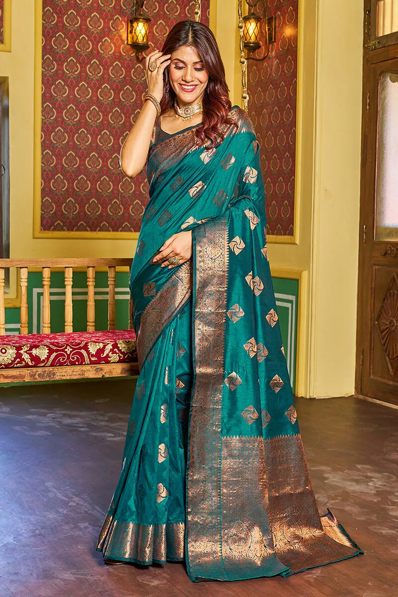 Dalliance Rama Soft Banarasi Silk Saree With Ebullience Blouse Piece