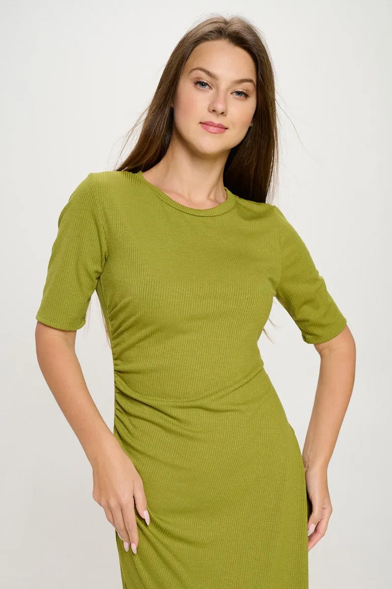 Darcy Side-Ruched Crew Neck Knit Midi Dress