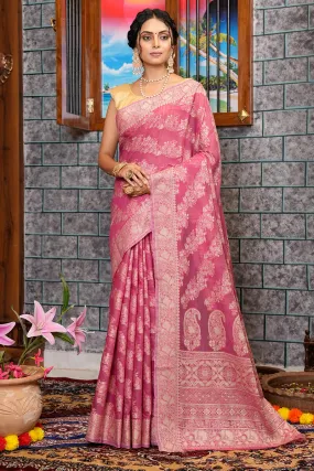 Dazzling Dark Pink Linen Silk Saree With Phenomenal Blouse Piece