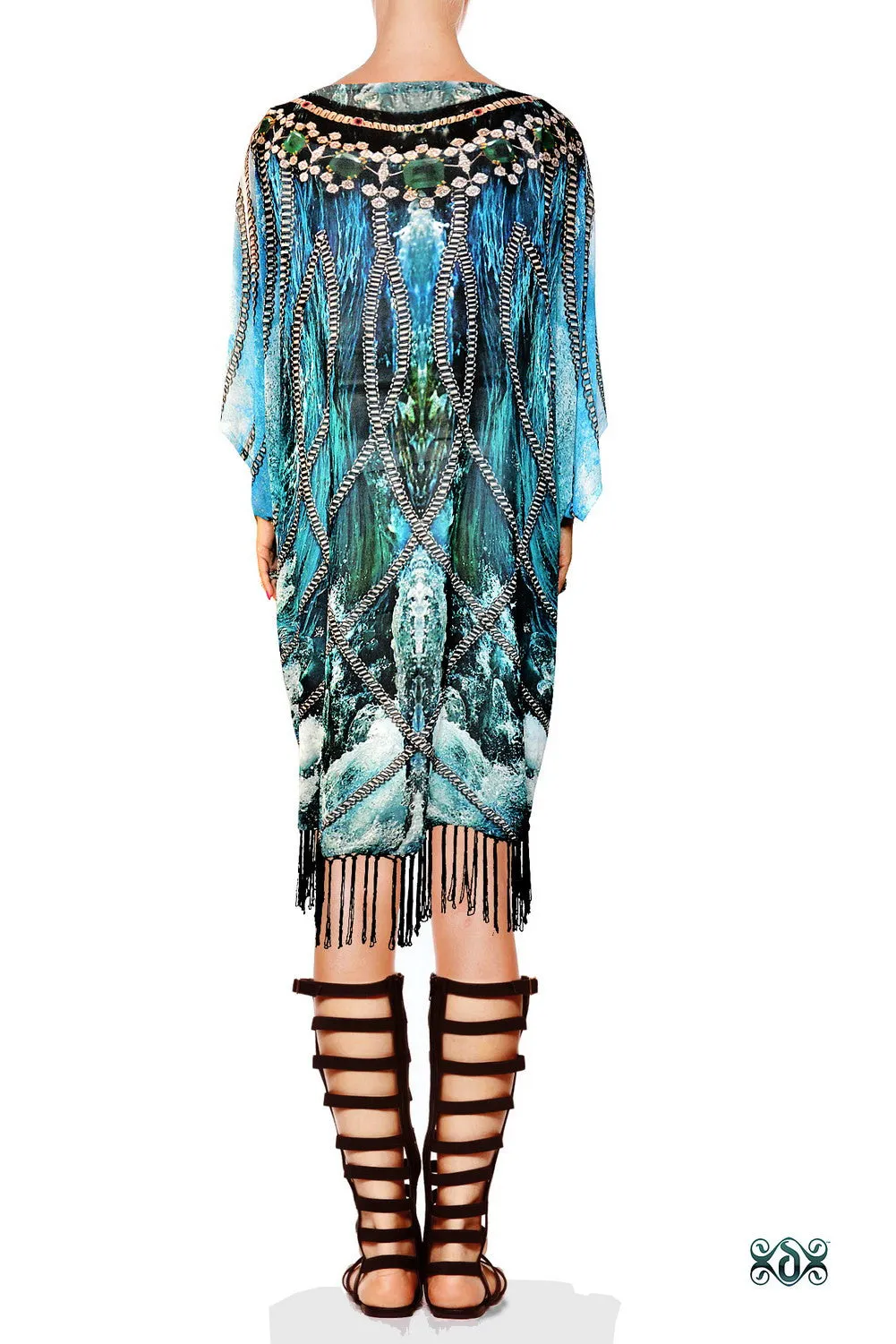 Devarshy SUB AQUALOGY Blue Ornate Chains Fringes Short Kimono Jacket - 1060A