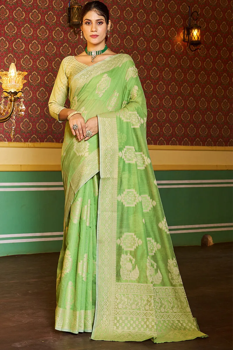 Dissemble Pista Linen Silk Saree With Efflorescence Blouse Piece