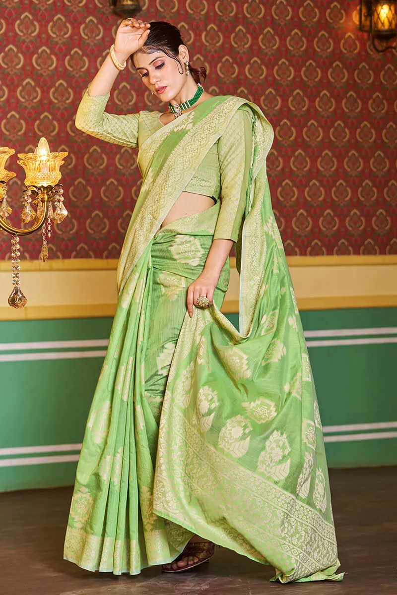 Dissemble Pista Linen Silk Saree With Efflorescence Blouse Piece