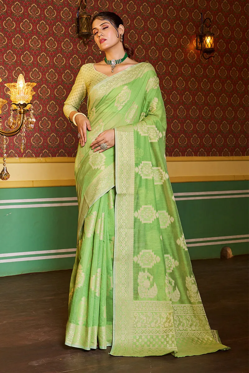 Dissemble Pista Linen Silk Saree With Efflorescence Blouse Piece