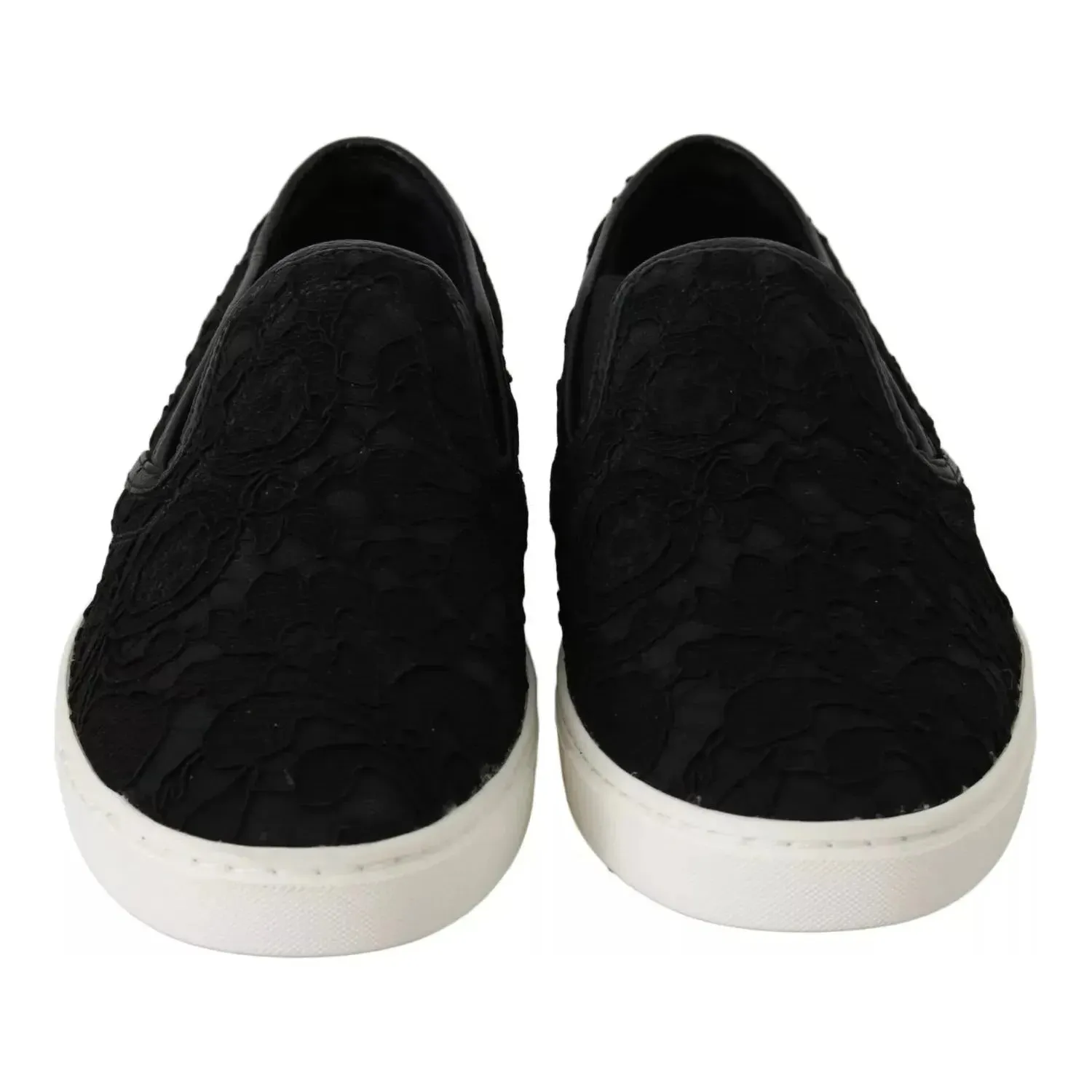 Dolce & Gabbana Black Lace Leather Logo Flat Slip-On Sneakers