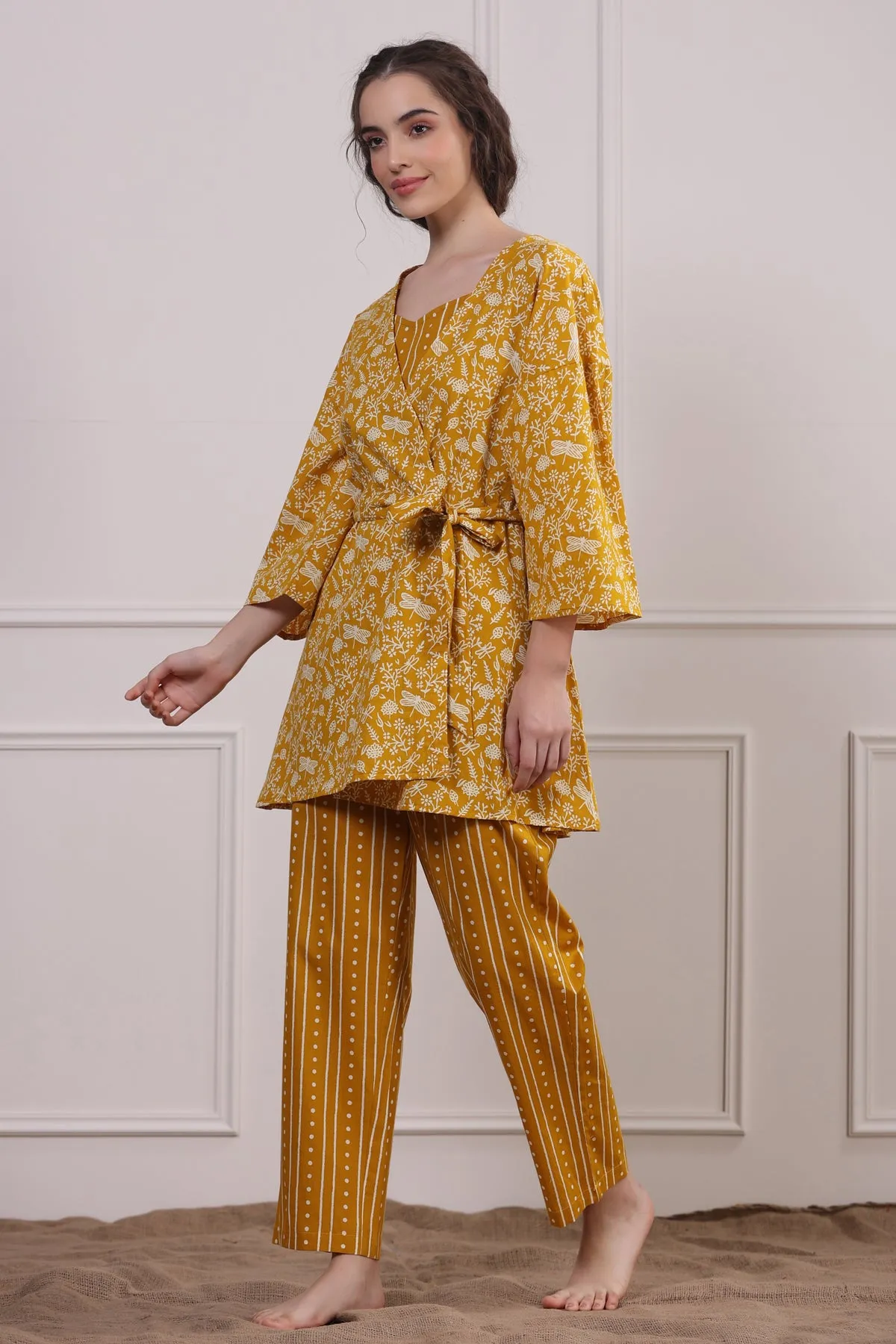 Dragonflies on Mustard Cotton Three piece set