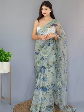 Dusty Grey Saree in Organza Digital Floral Printed with Embroidered Work