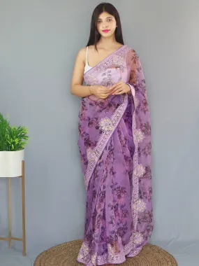 Dusty Lavender Saree in Organza Digital Floral Printed with Embroidered Work