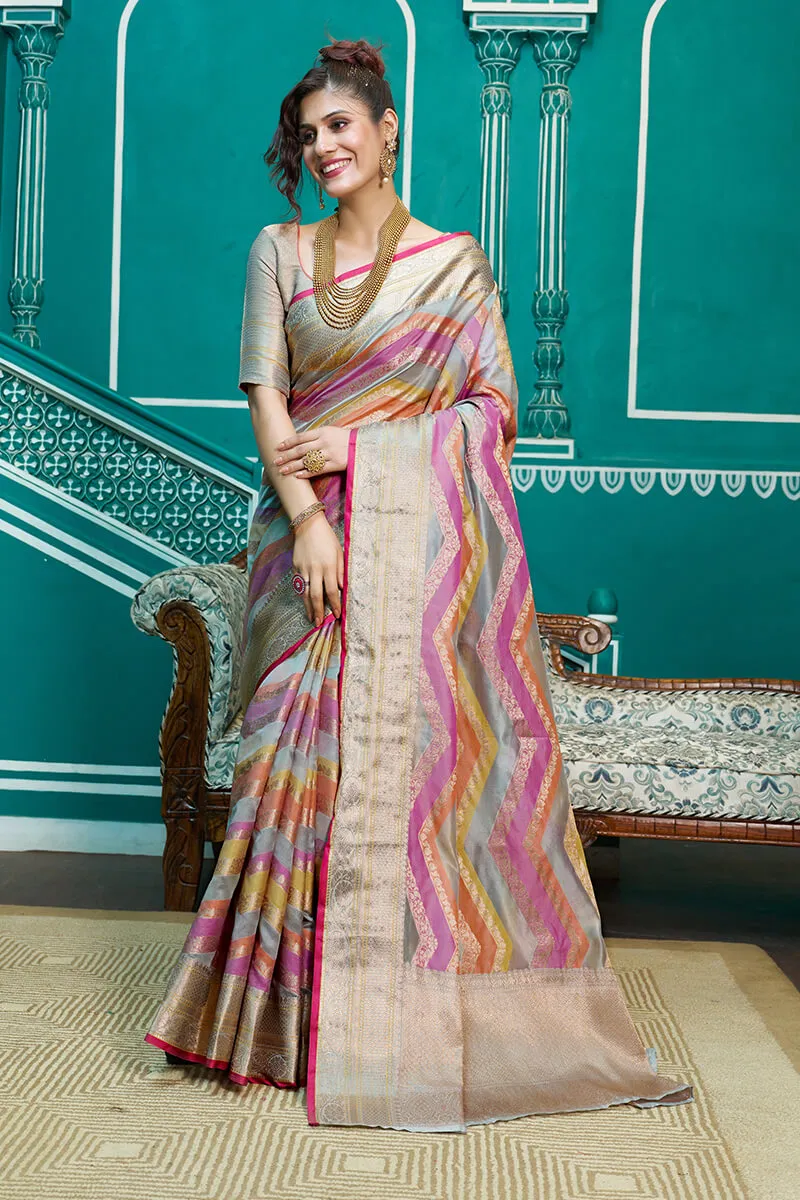 Elaborate Lavendor Organza Silk Saree With Tremendous Blouse Piece