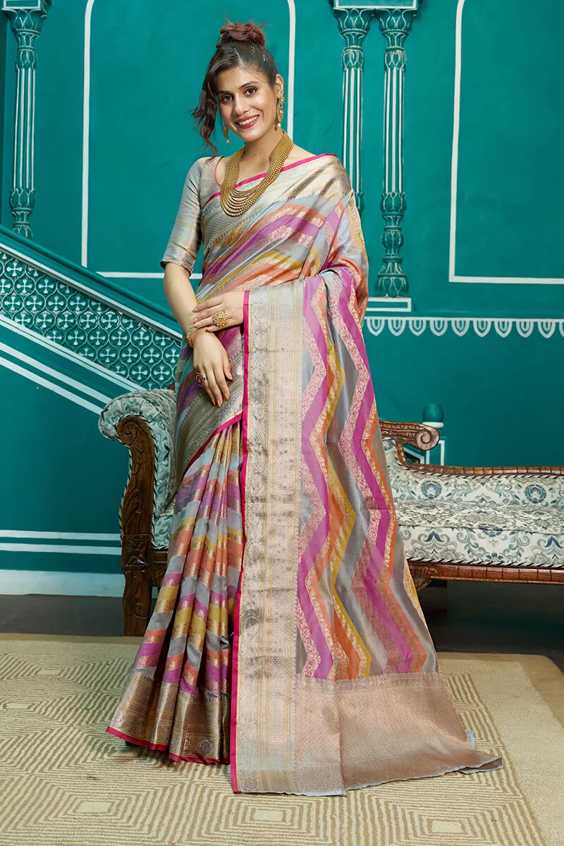 Elaborate Lavendor Organza Silk Saree With Tremendous Blouse Piece