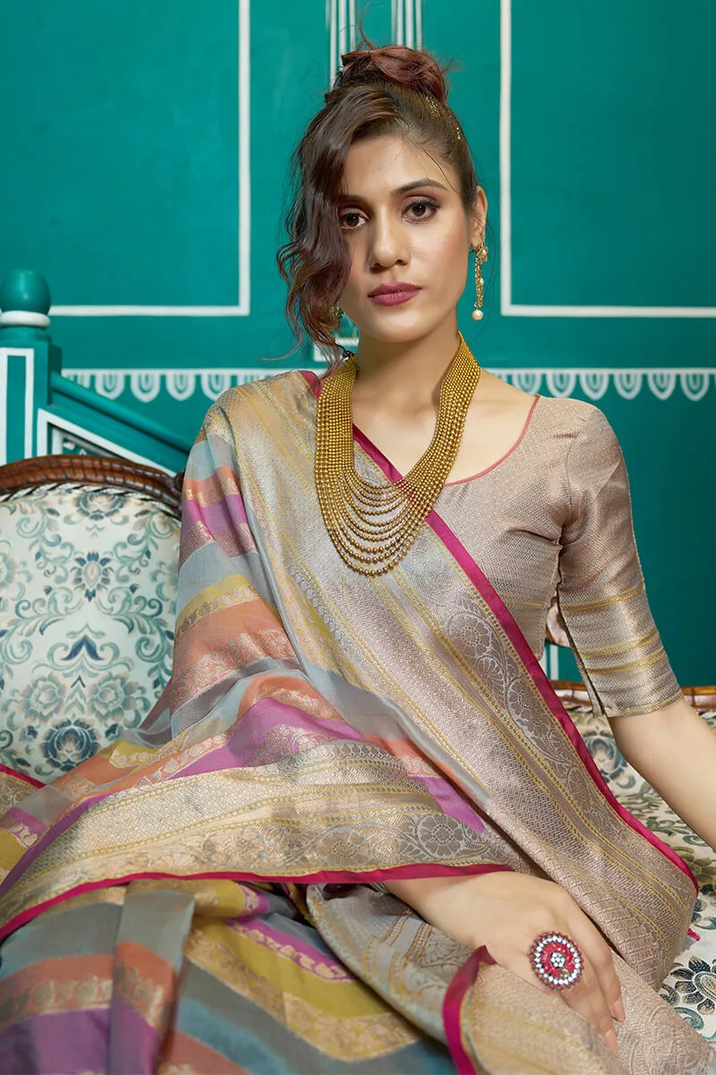 Elaborate Lavendor Organza Silk Saree With Tremendous Blouse Piece