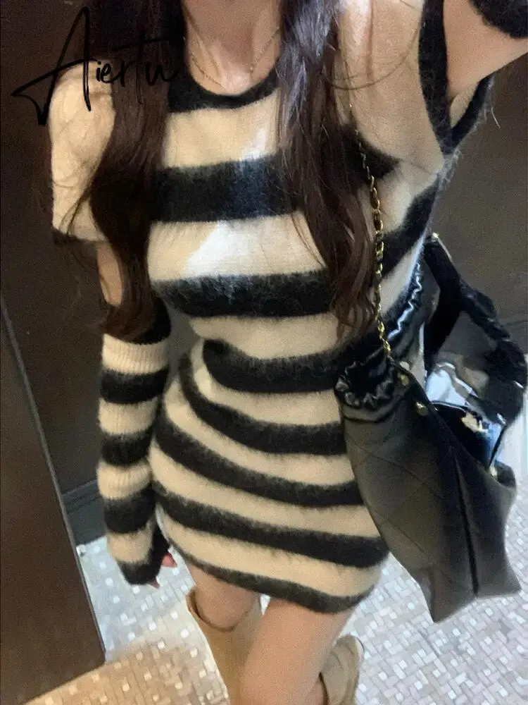 Elegant Striped Knitted Dress Women Design Long Sleeve Y2k Mini Sweater Dress Party One Piece Dress Korean Fashion Autumn