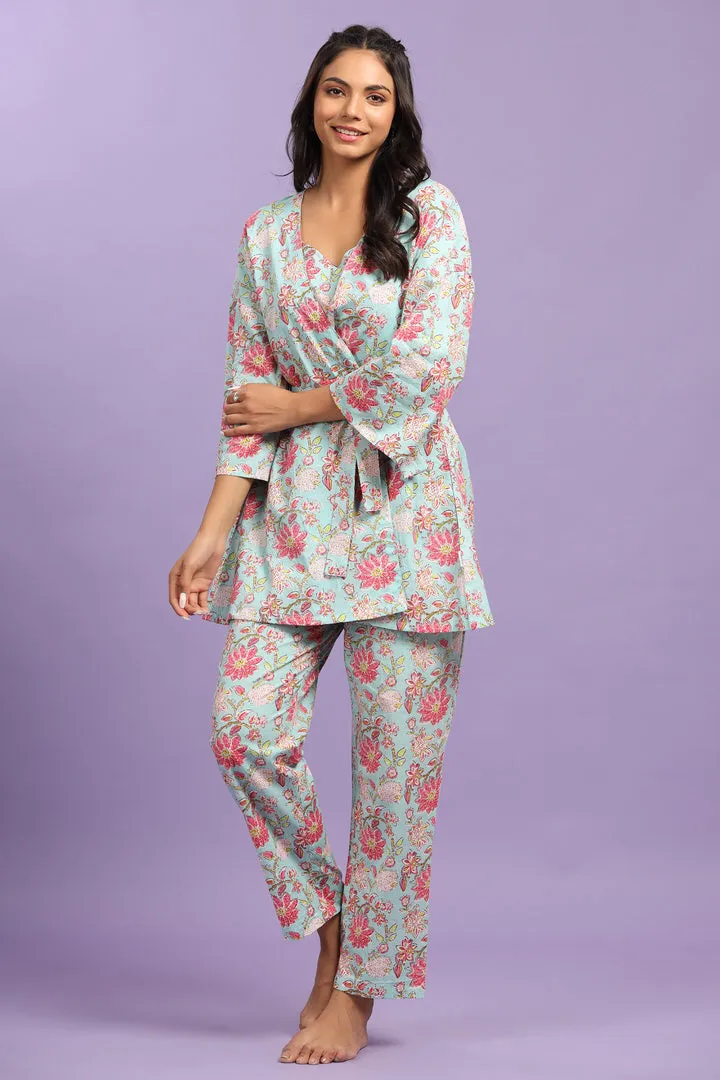 Enchanting Floral on Light Blue Cotton Three Piece Set