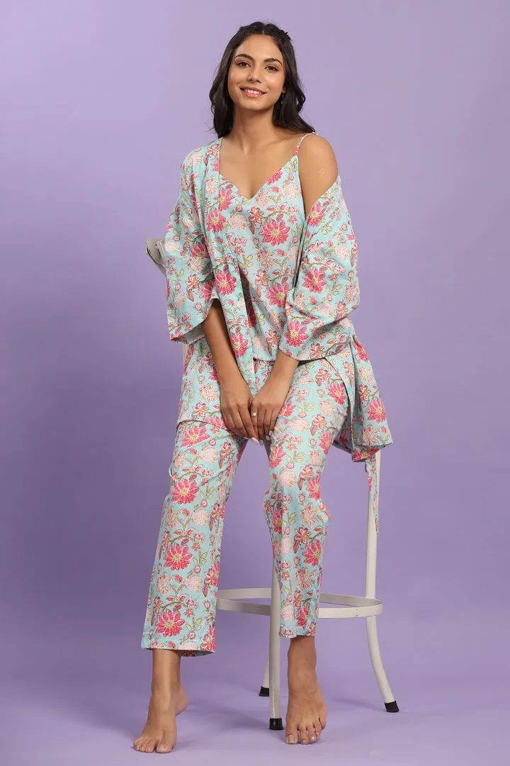 Enchanting Floral on Light Blue Cotton Three Piece Set