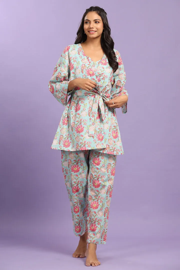 Enchanting Floral on Light Blue Cotton Three Piece Set